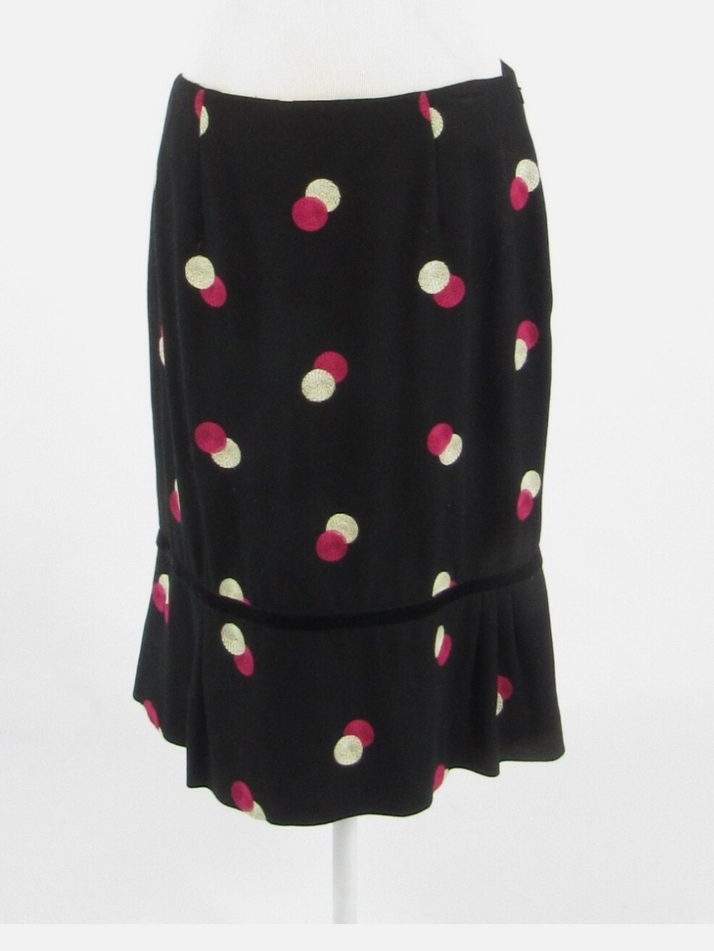 Etcetera sz 6 Black Wool Midi Skirt Pink Cream Dot velvet ribbon pleat detail